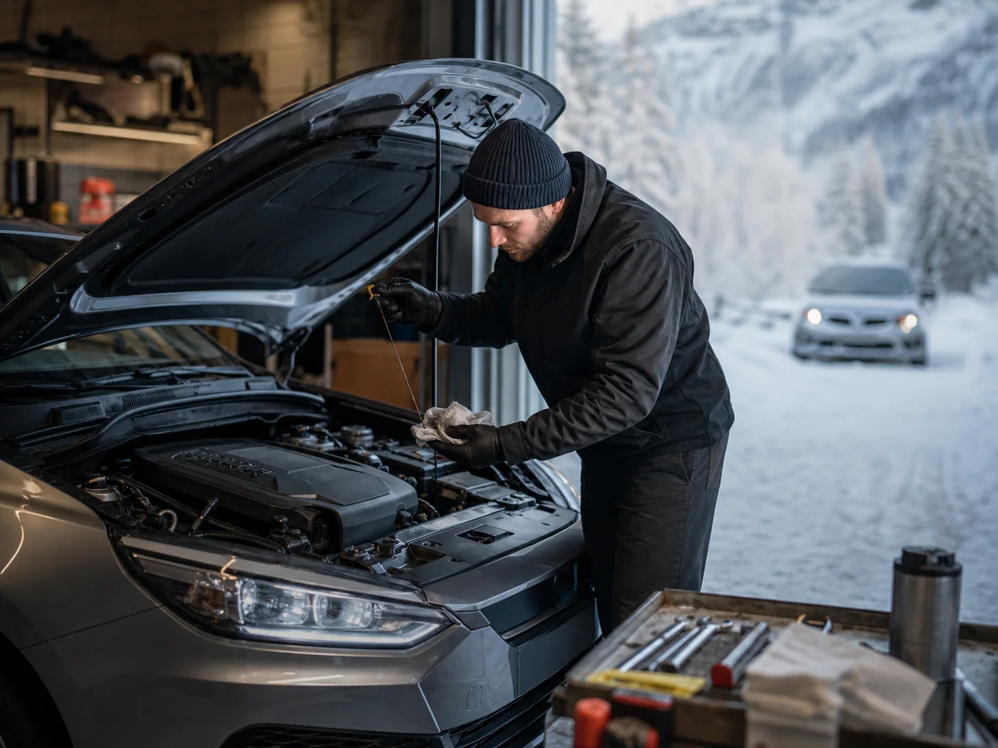 A mechanic checks a car engine oil level while preparing the vehicle for winter.