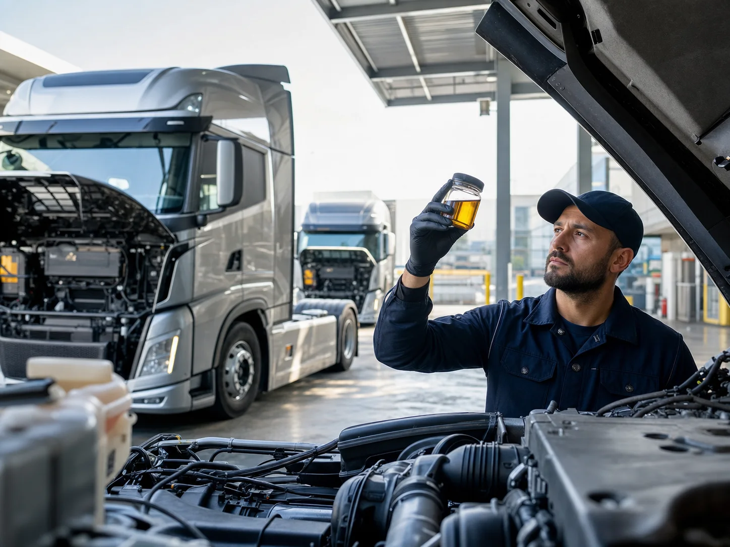 A fleet technician inspects an engine oil sample beside heavy-duty diesel trucks.