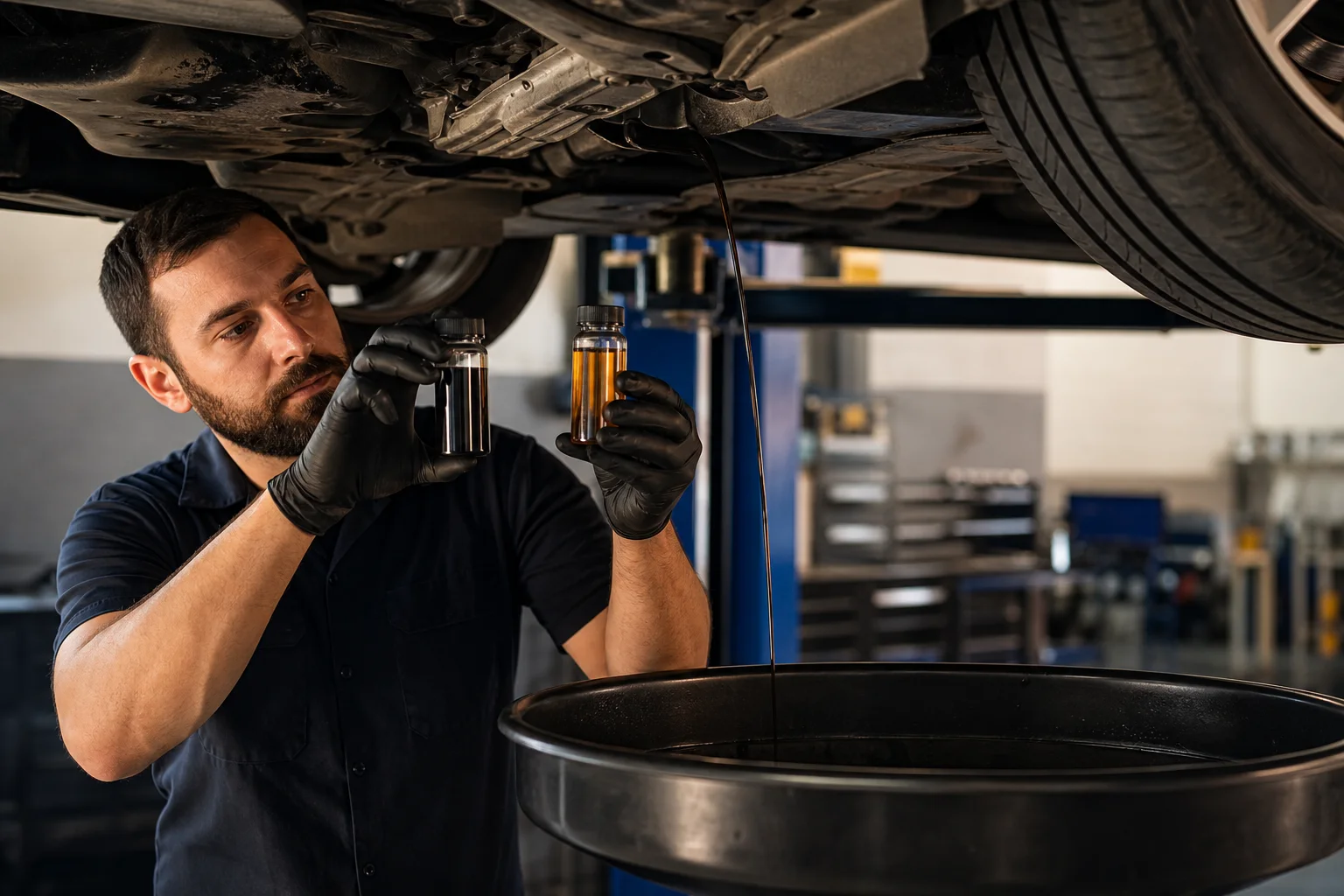 A mechanic compares fresh and used motor oil during an oil drain service.