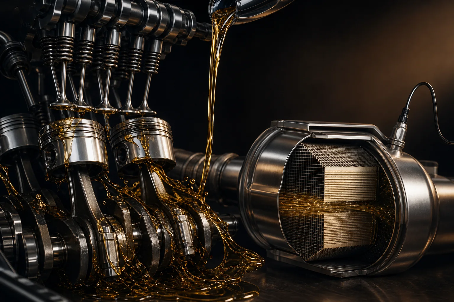 Golden motor oil protects engine components beside an exhaust aftertreatment filter.