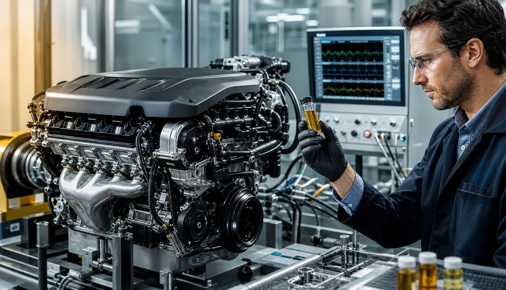 An engineer inspects a motor oil sample beside a gasoline engine test stand.