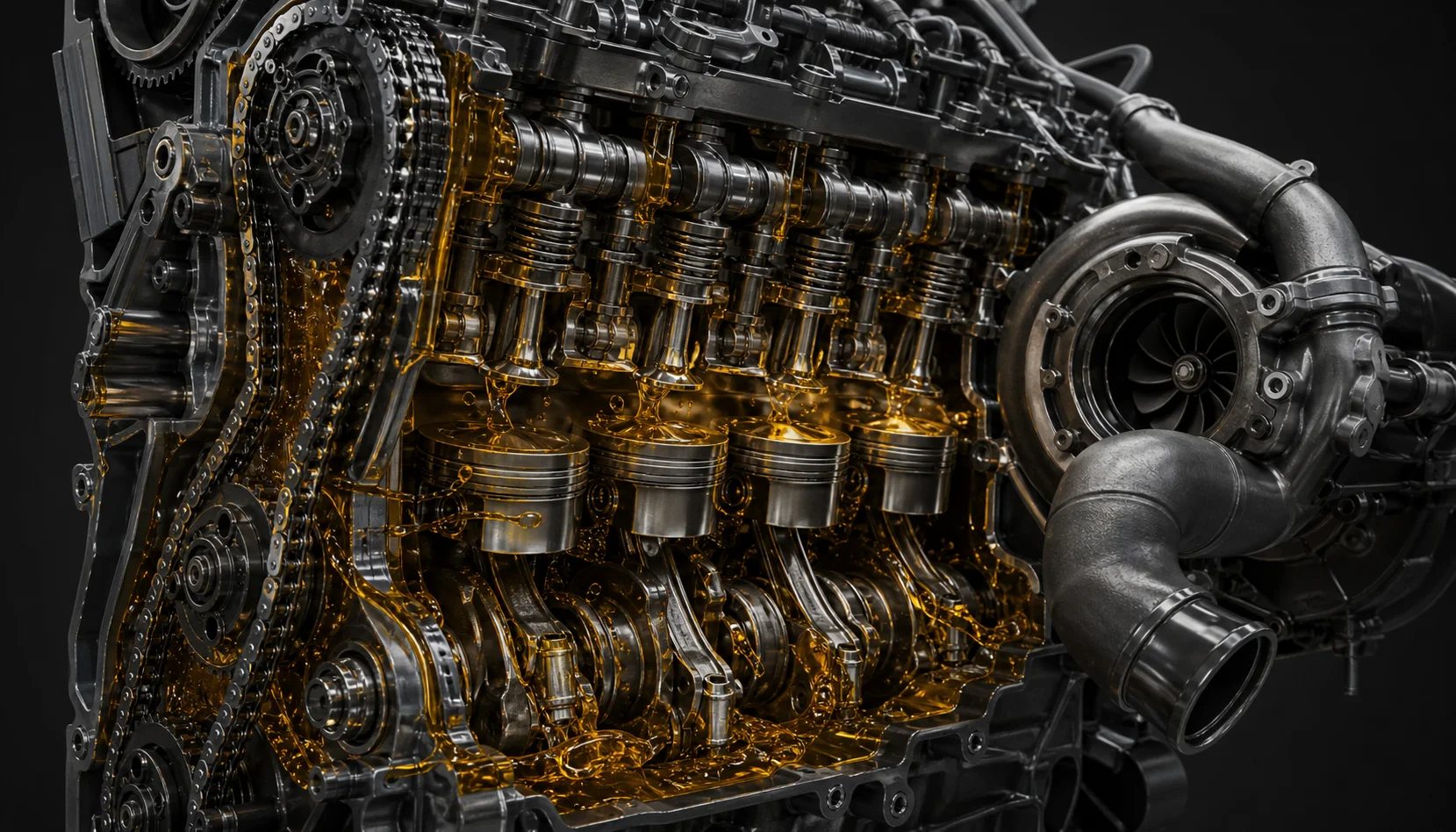 Golden motor oil protects a turbocharged engine, timing chain, and pistons.