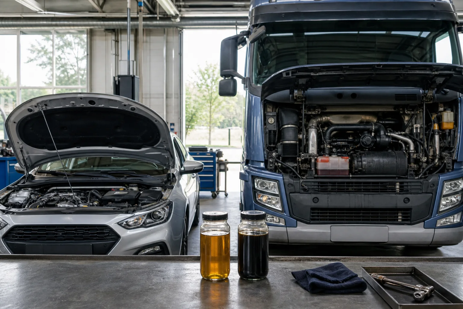 Passenger car and heavy-duty truck engines stand side by side with different oil samples.