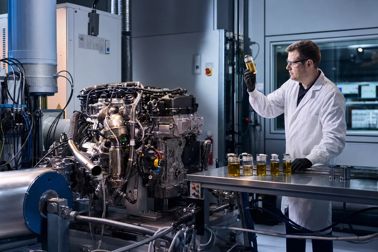 A scientist evaluates low-viscosity motor oil beside a turbocharged engine test rig.