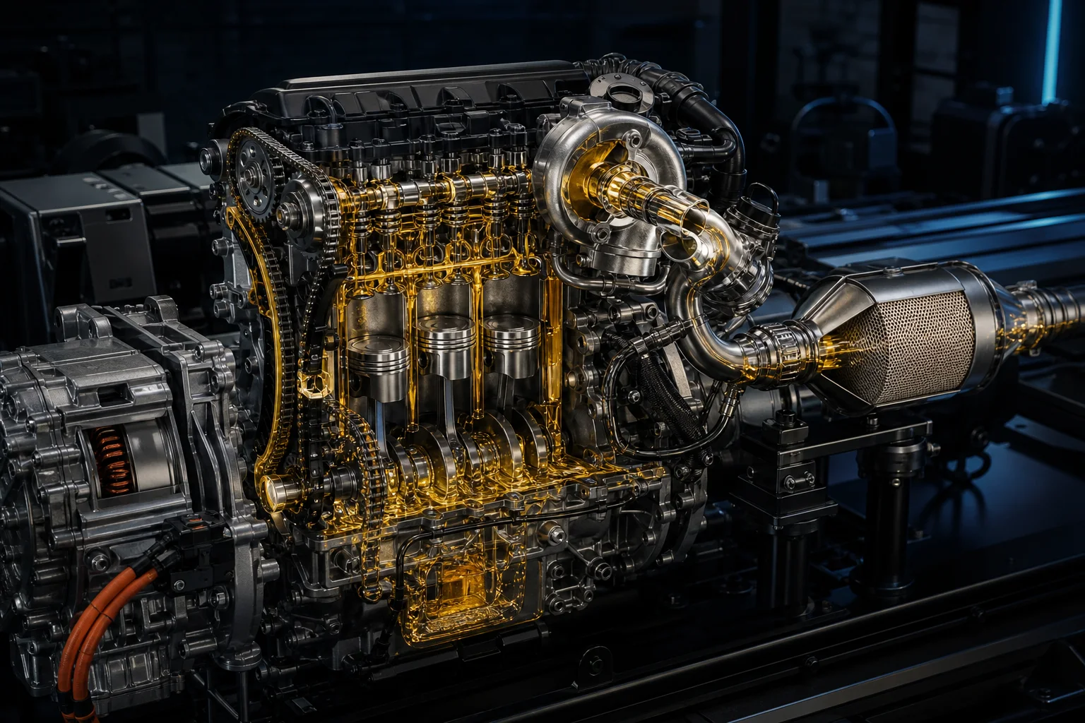 A modern turbocharged hybrid powertrain is protected by flowing golden motor oil.