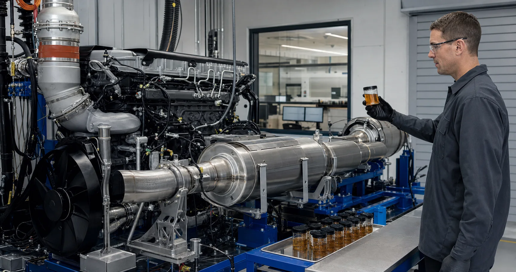 A heavy-duty diesel engine and exhaust aftertreatment system undergo laboratory testing.