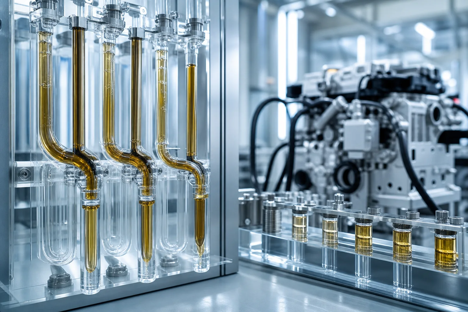 Low-viscosity oils move through precision laboratory flow channels.