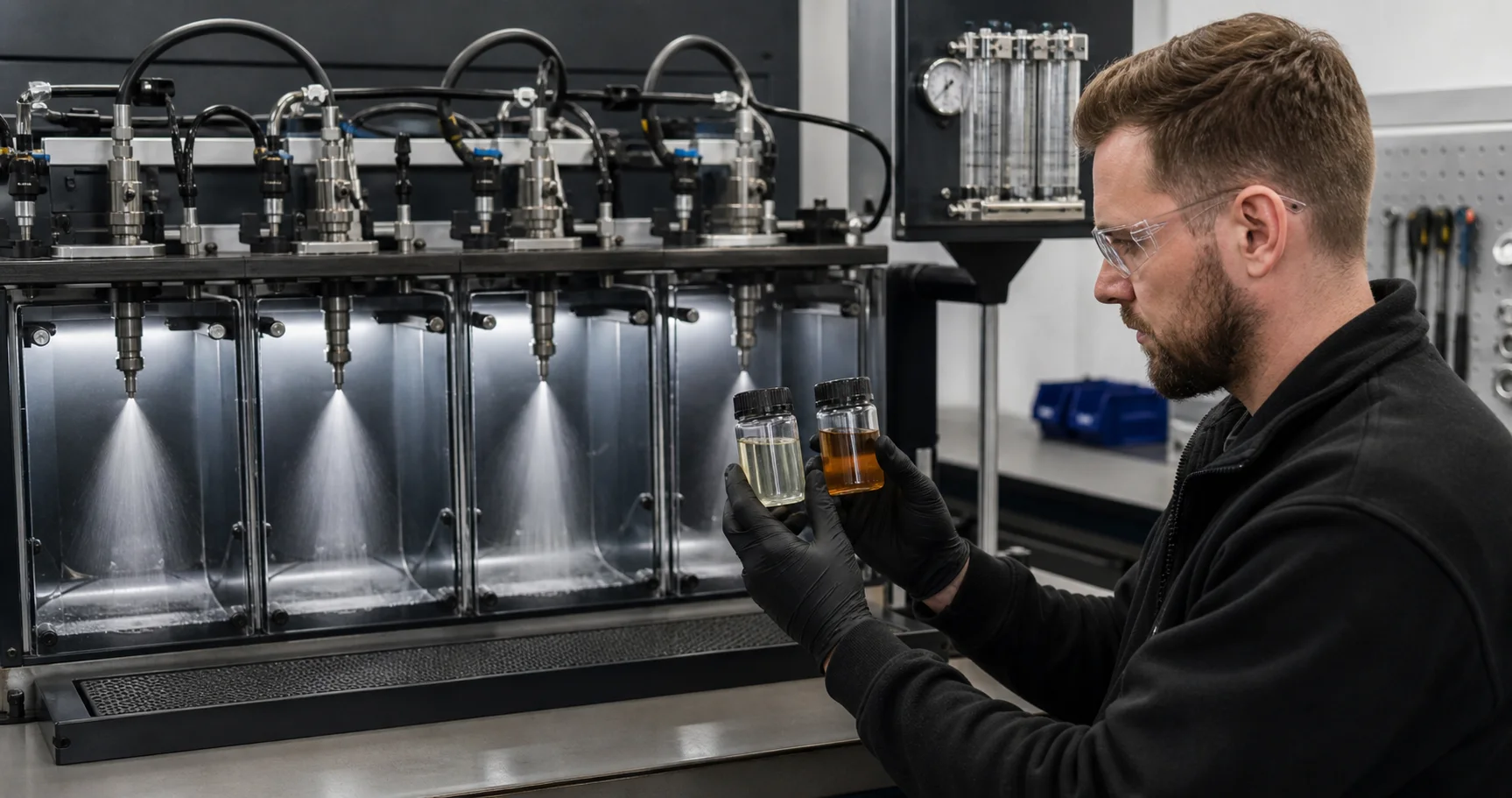 A technician compares diesel fuel samples at a fuel injector test bench.