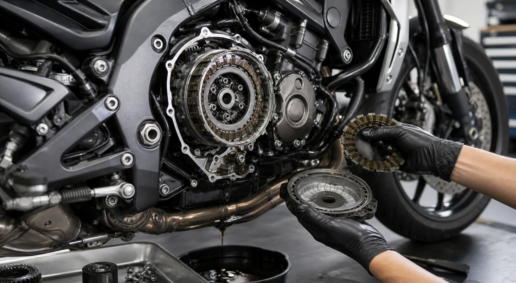 A mechanic services the wet clutch assembly of a modern motorcycle.