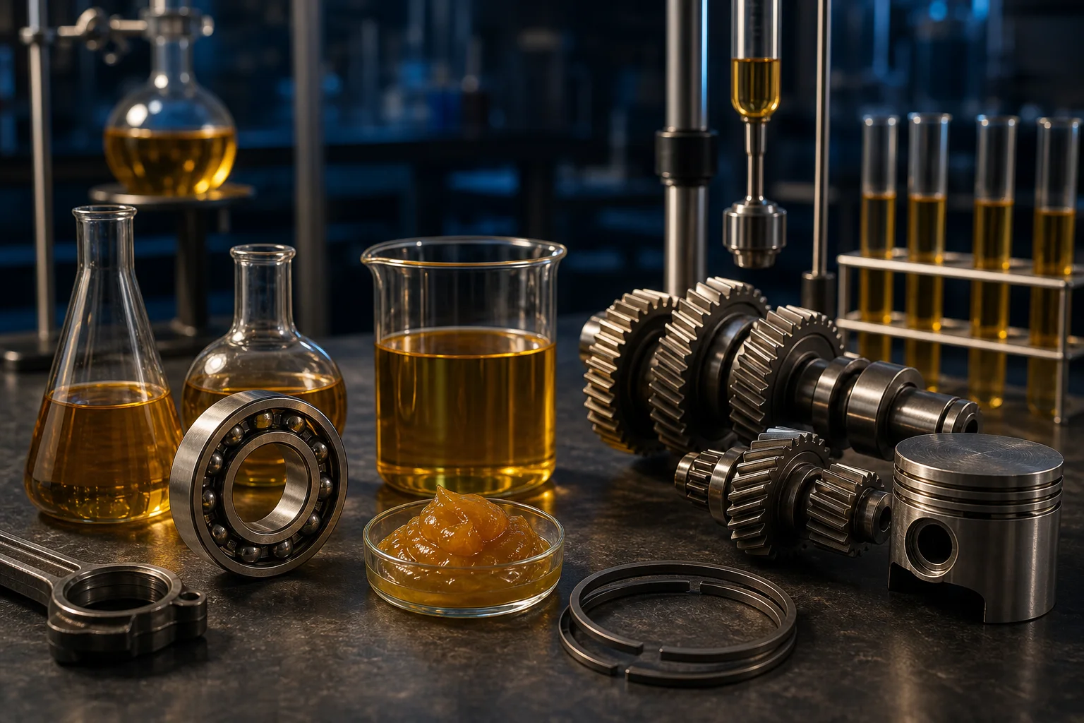 Lubricants, bearings, gears, piston rings, and laboratory glassware arranged on a workbench.