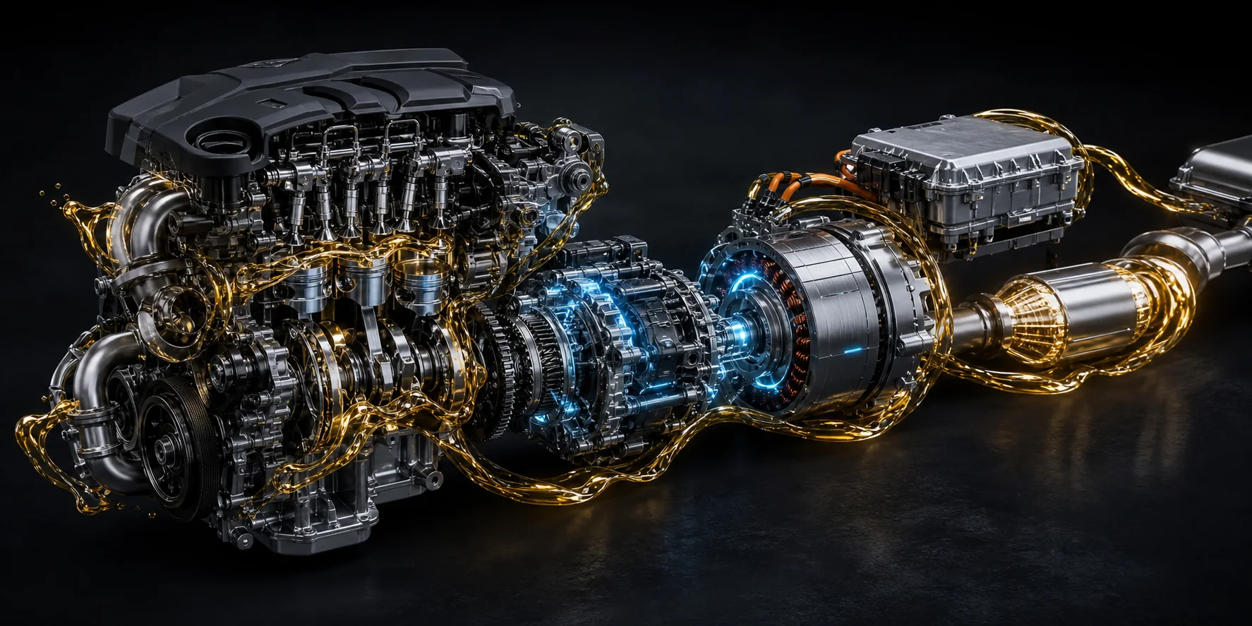 A modern hybrid powertrain combines a turbocharged engine, electric motor, and exhaust system.