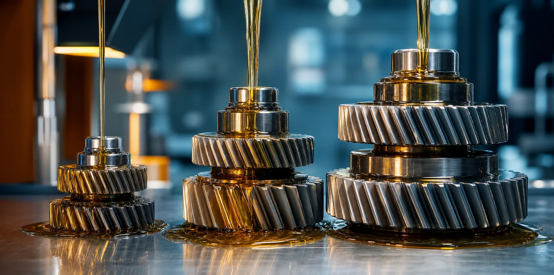 Three precision automotive gear sets receive streams of golden gear oil.