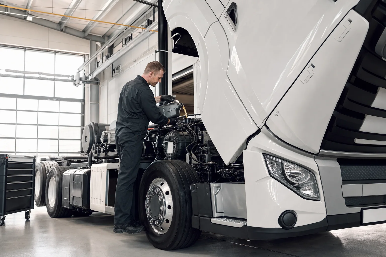 A technician adds engine oil to a premium European heavy-duty truck.