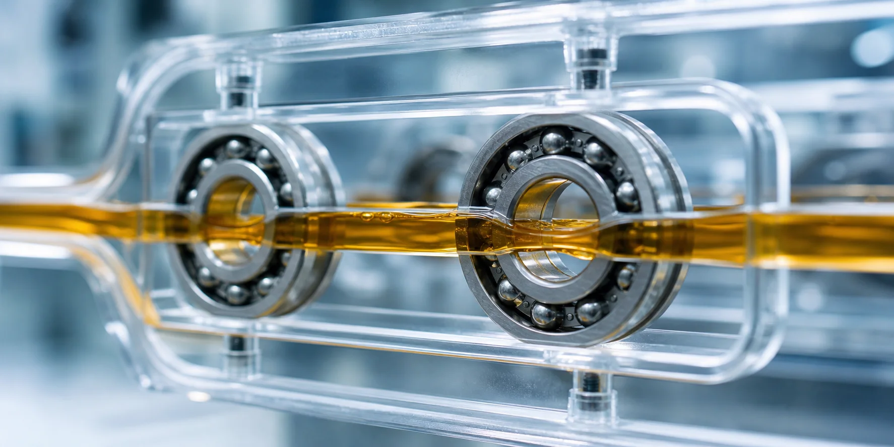 Low-viscosity golden oil flows through transparent channels around precision bearings.