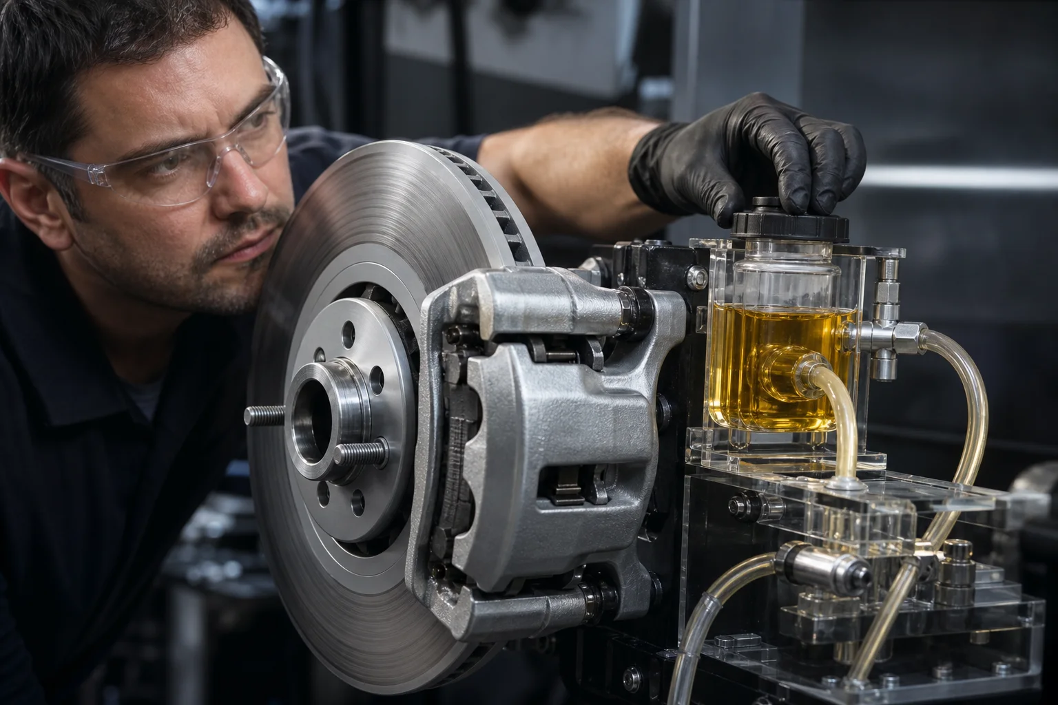 A technician checks brake fluid beside a disc brake and hydraulic test rig.