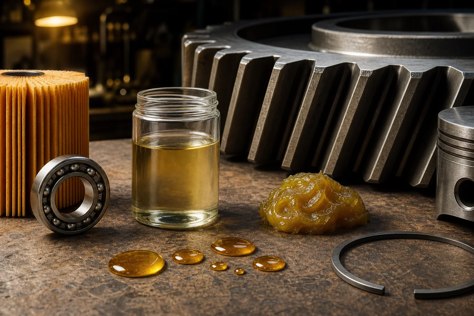 A collection of oils, grease, bearings, gears, filter media, and piston components.