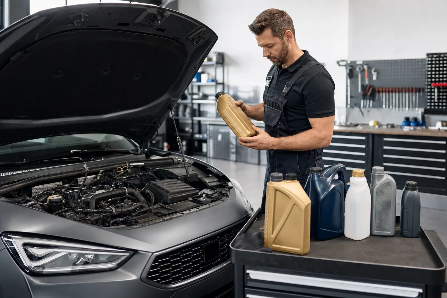 A technician selects the correct motor oil for a modern European passenger car.