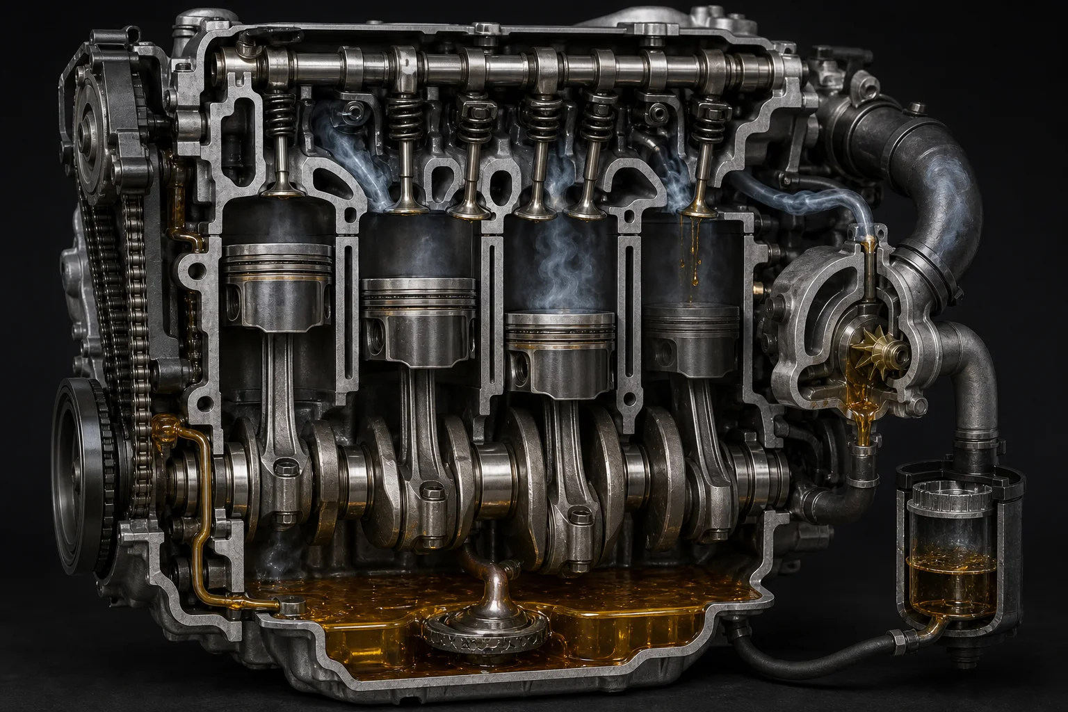 A cutaway engine shows oil paths around pistons, valves, and a turbocharger.