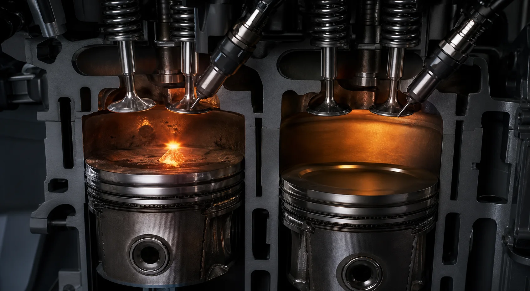 A cutaway engine contrasts abnormal pre-ignition with normal combustion.
