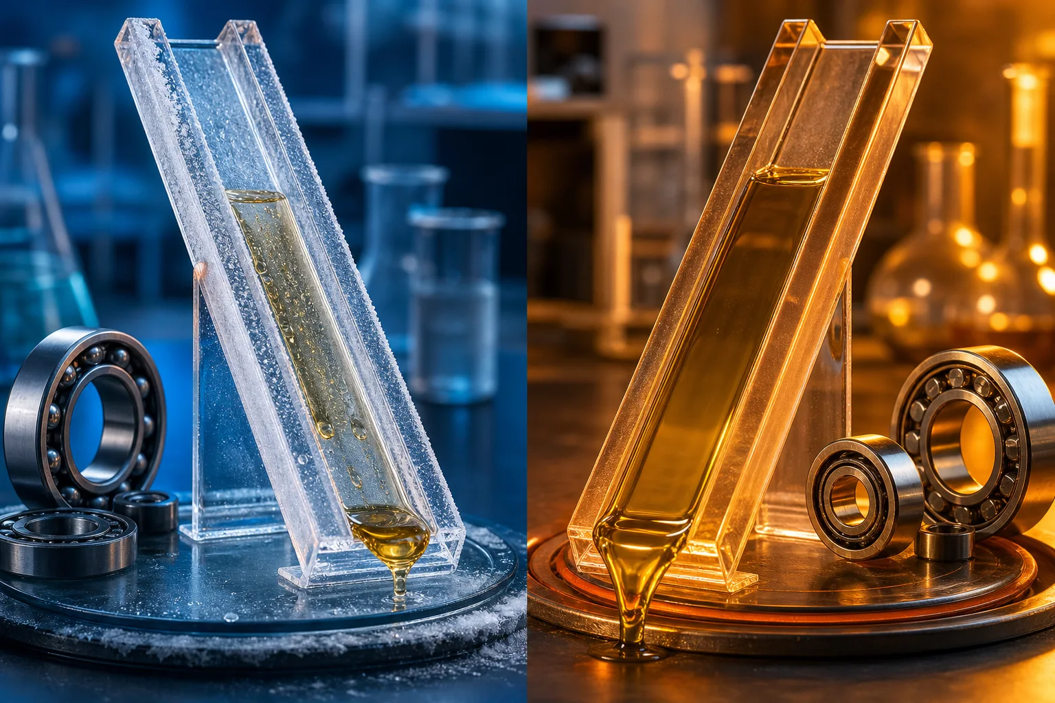 Golden motor oil demonstrates different flow behavior at cold and warm temperatures.