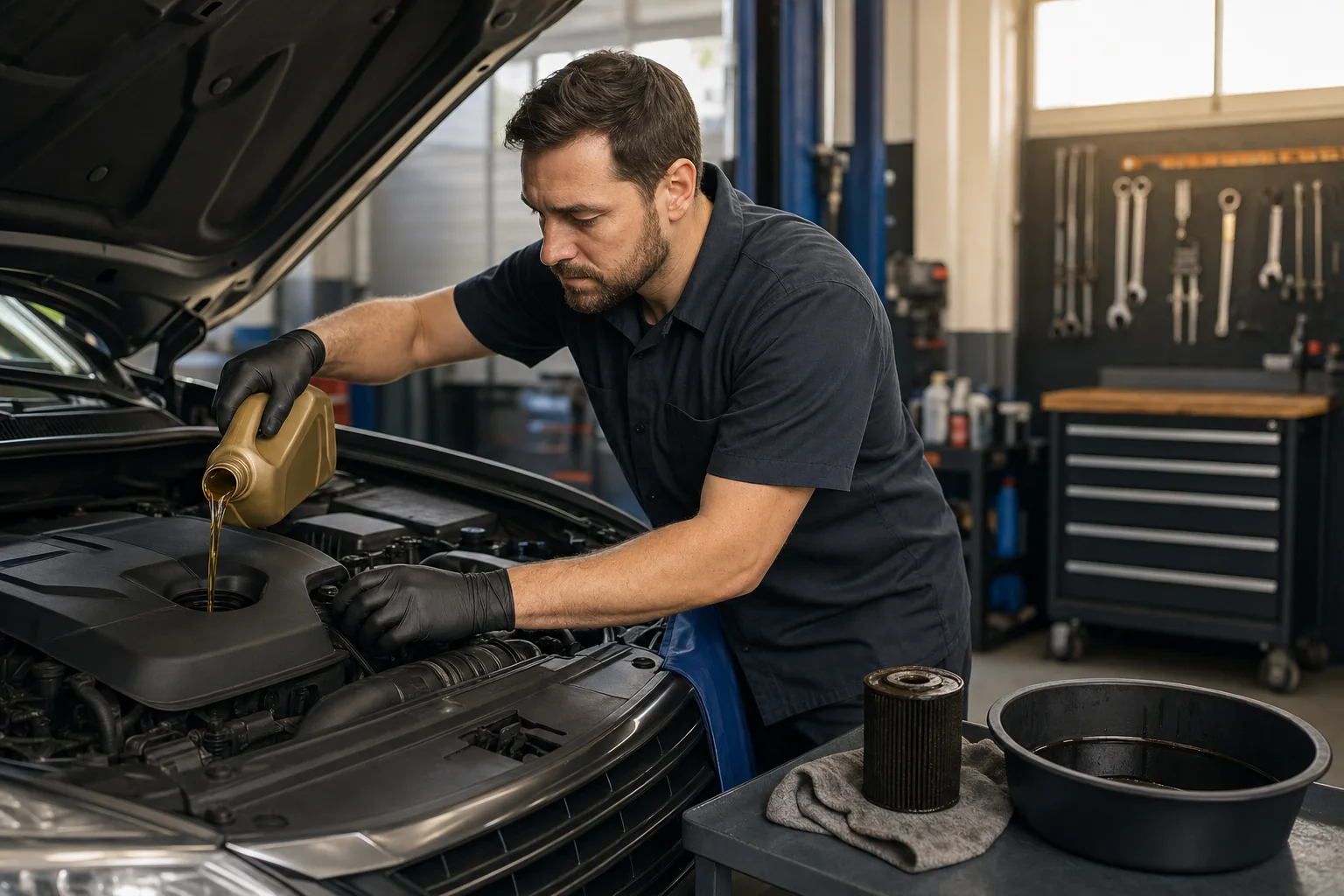 A mechanic adds fresh motor oil during a scheduled oil and filter change.