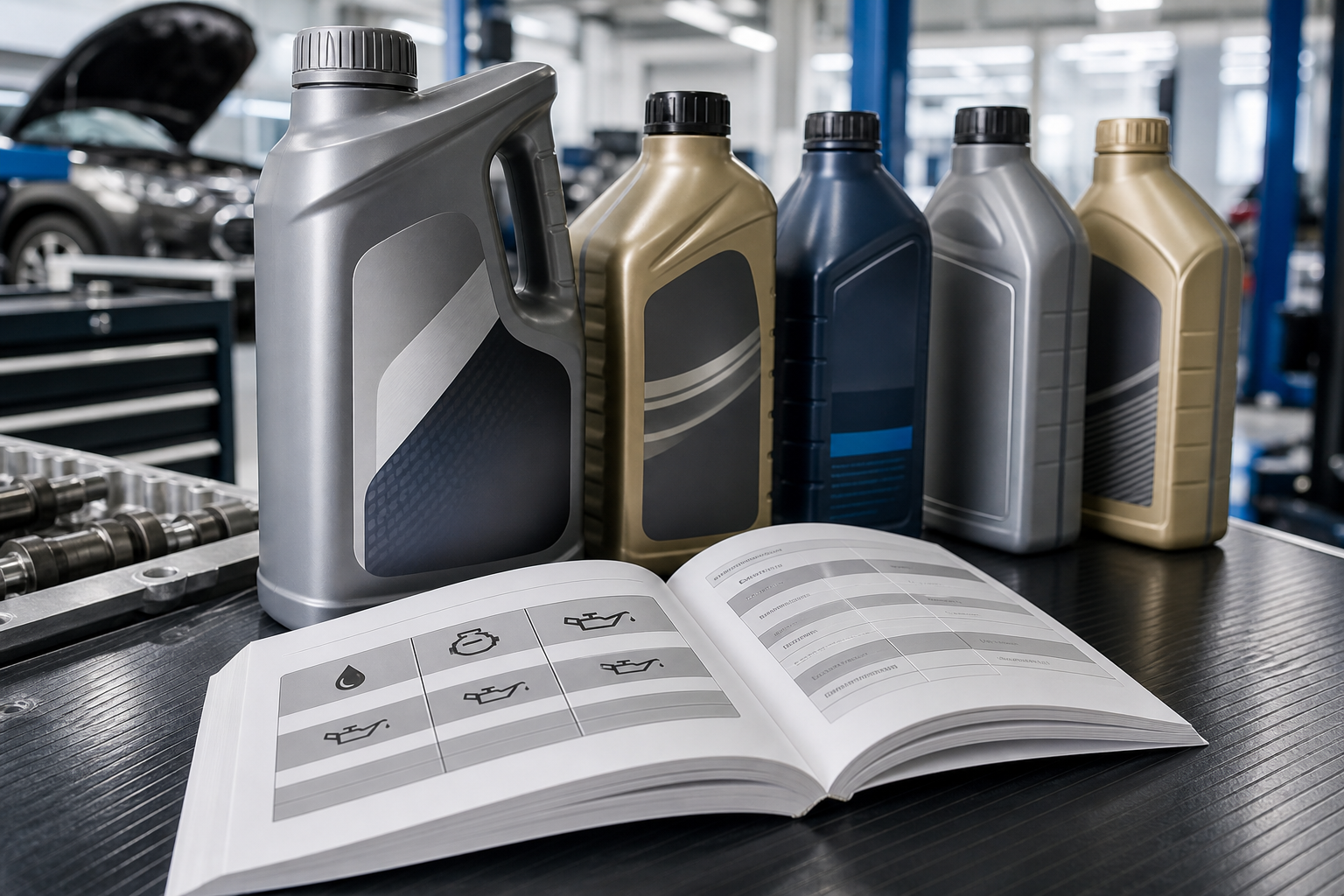 Generic unbranded engine-oil containers beside an open vehicle manual on a clean workshop bench.