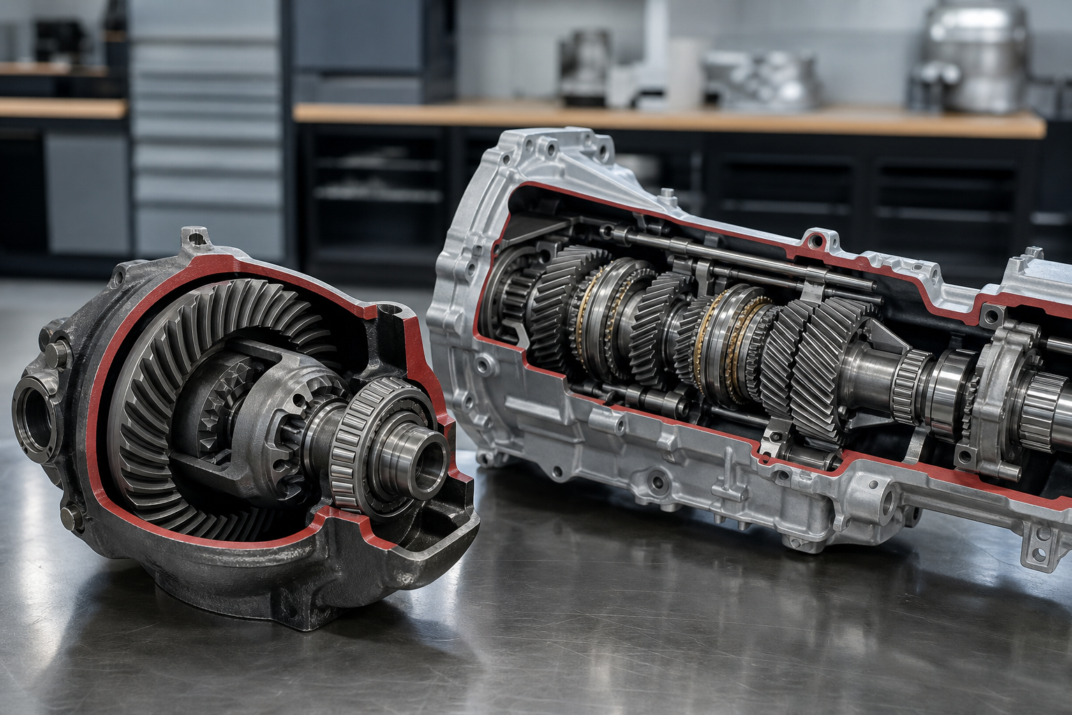 Close technical view of unbranded automotive differential gears and manual transmission components on a clean workshop bench.