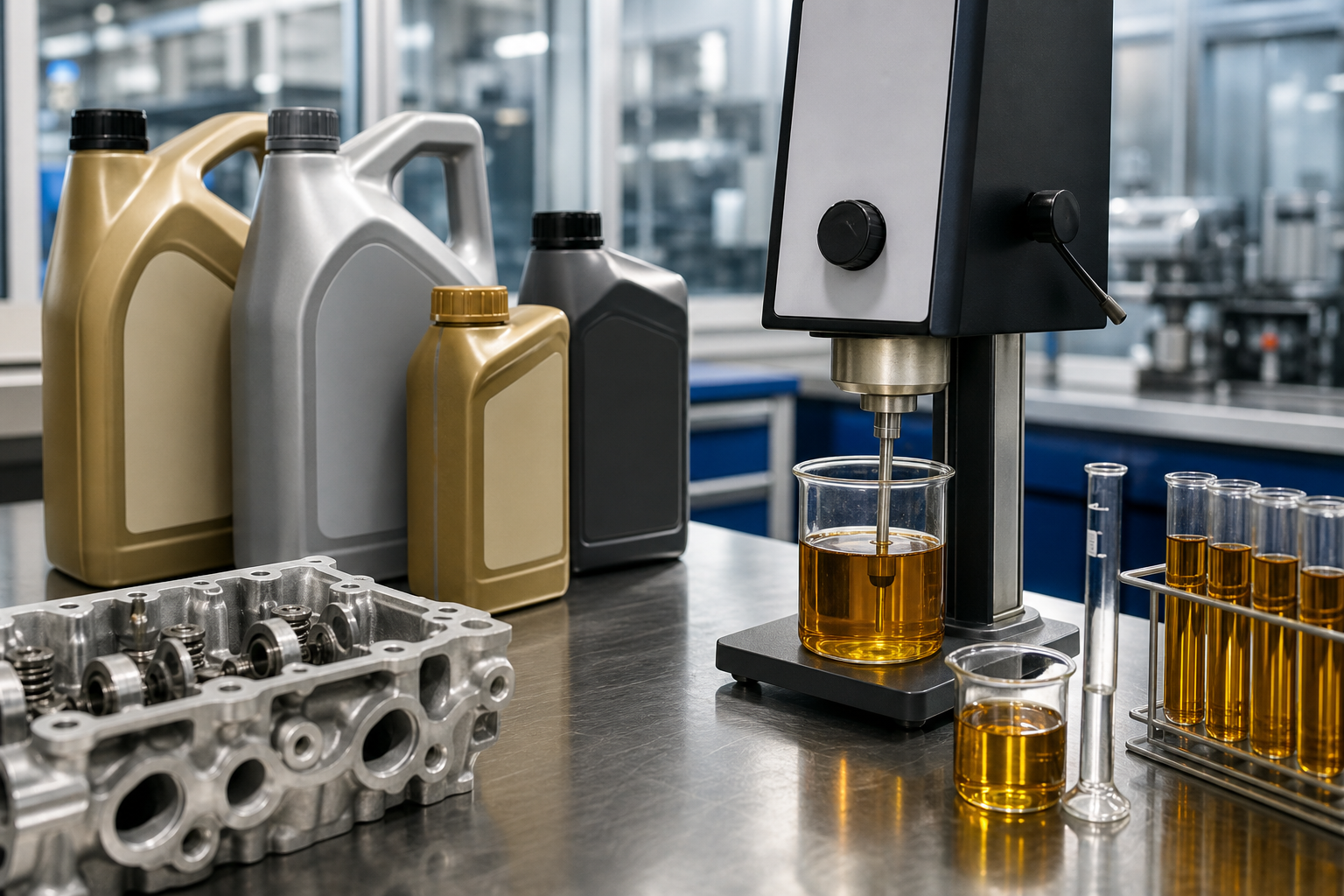 Unbranded motor-oil containers beside clean engine components in a technical workshop setting.