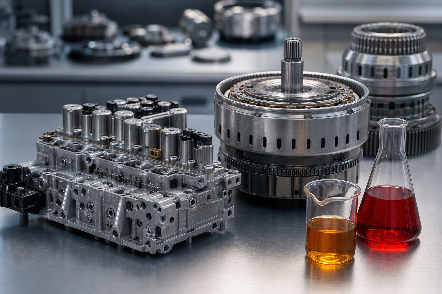 Automatic transmission internal components and unbranded fluid containers on a clean workbench.