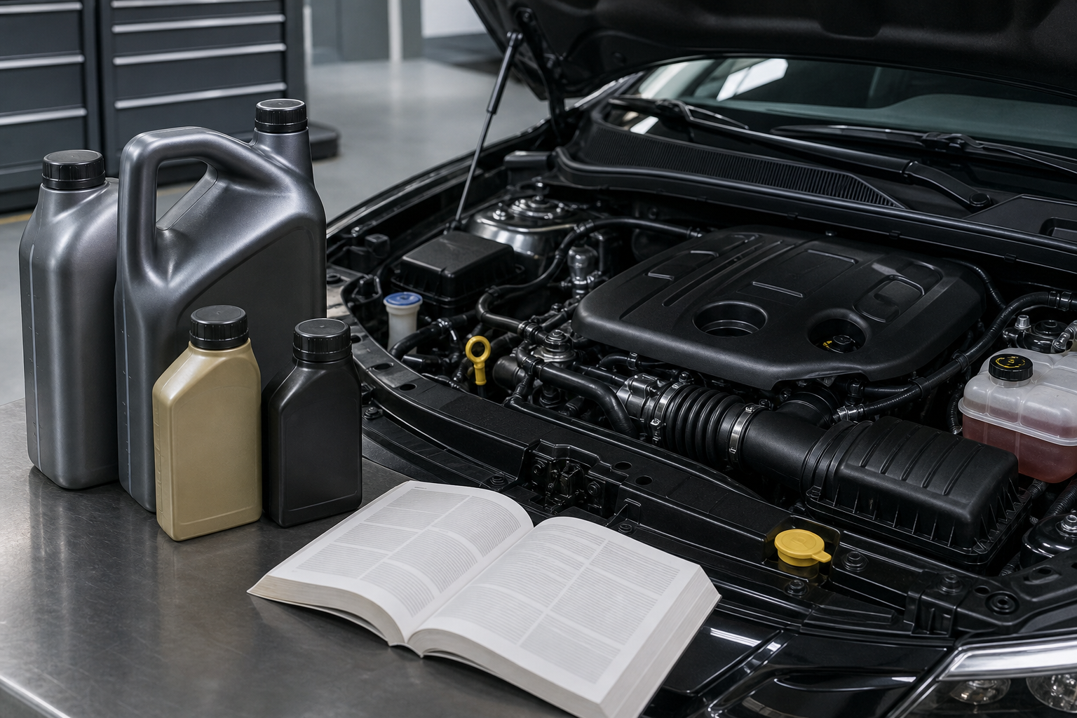 Unbranded engine oil containers beside a modern gasoline engine bay.