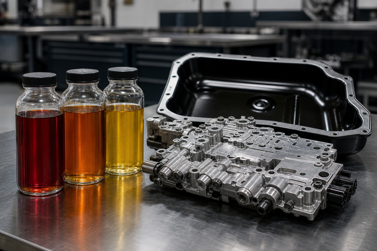 Unbranded automatic transmission fluid bottles beside a modern transmission valve body.
