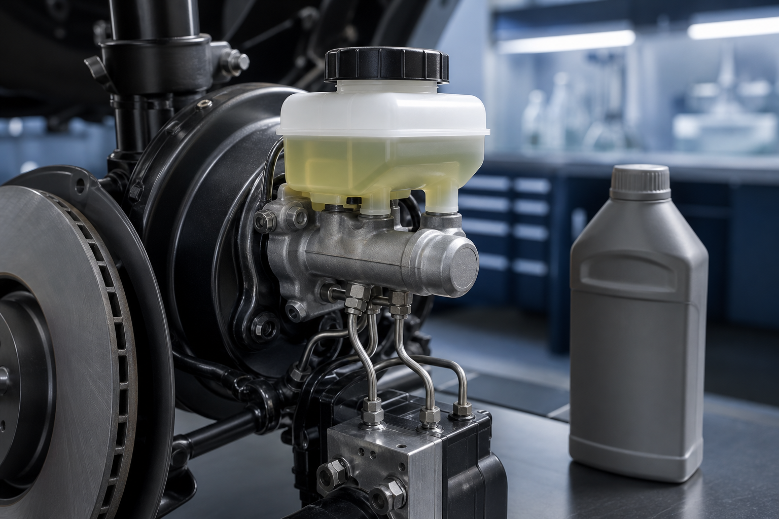 Clean automotive brake-fluid reservoir and hydraulic brake components in a workshop.