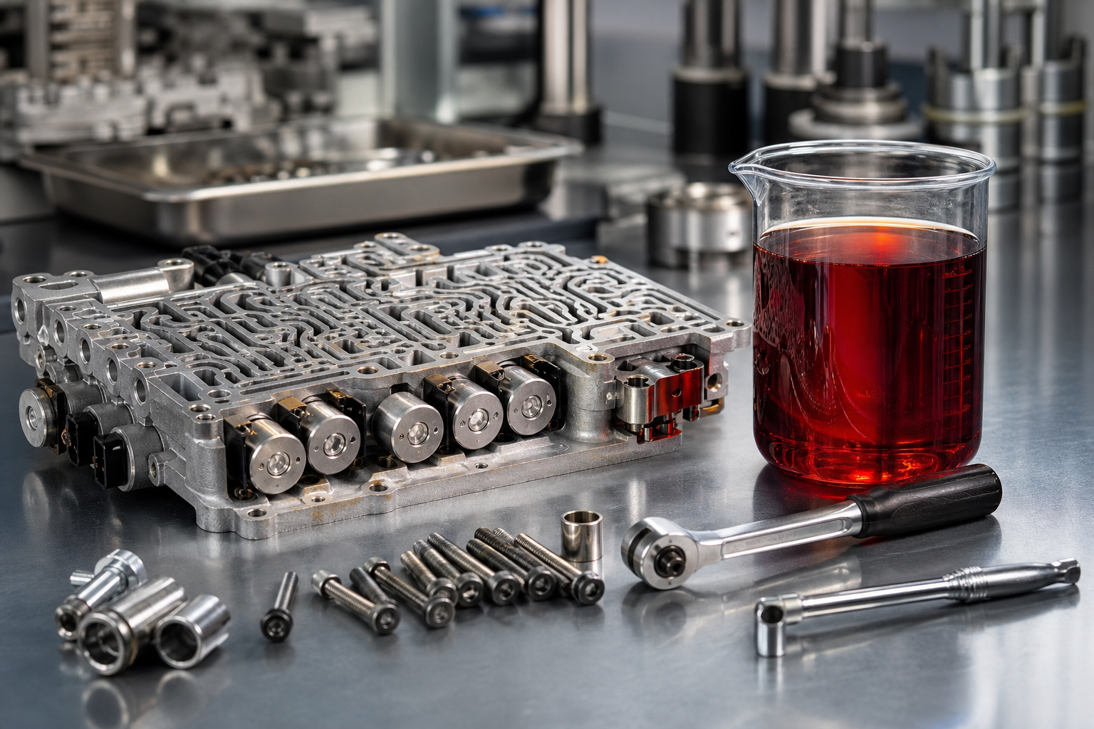 Unbranded automatic transmission components and measuring container with transmission fluid on a workbench.