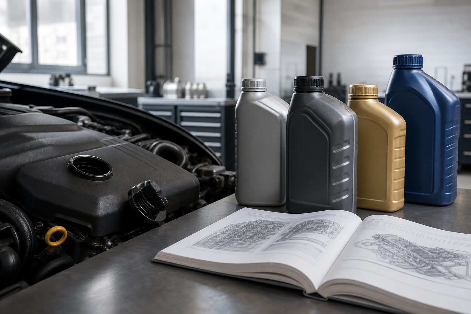 Unbranded engine oil containers beside an engine oil filler cap in a clean workshop.