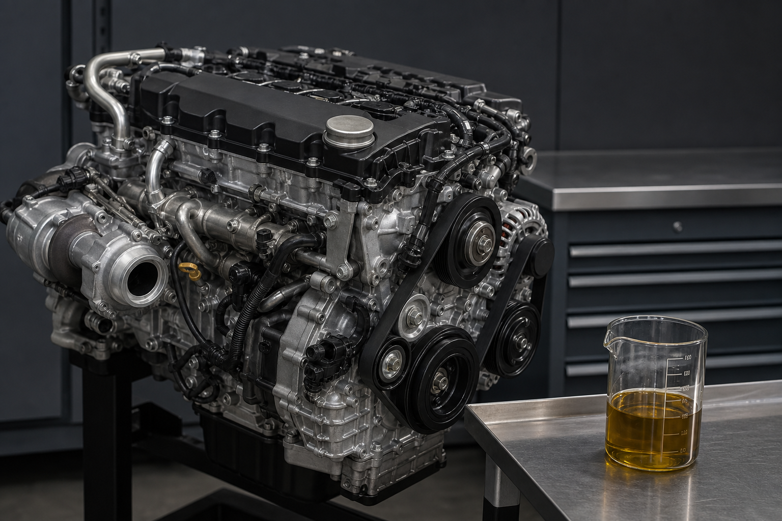 Unbranded modern light-duty diesel engine prepared for an engine-oil service.