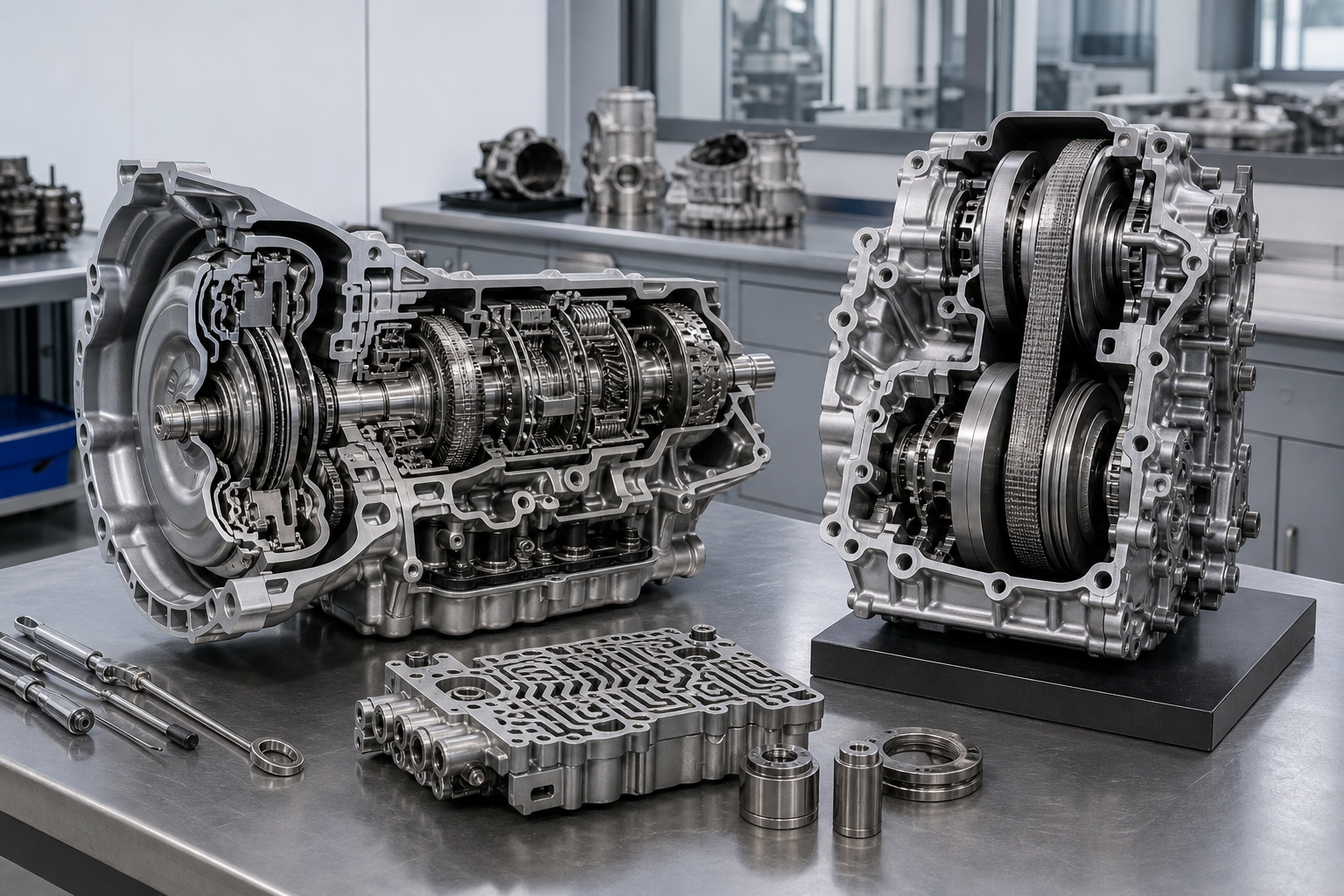 Cutaway views of a conventional automatic transmission and a belt-type CVT on a workshop bench.