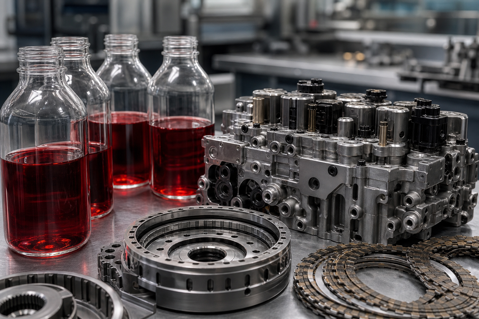 Unbranded automatic transmission fluid samples beside automatic transmission components.