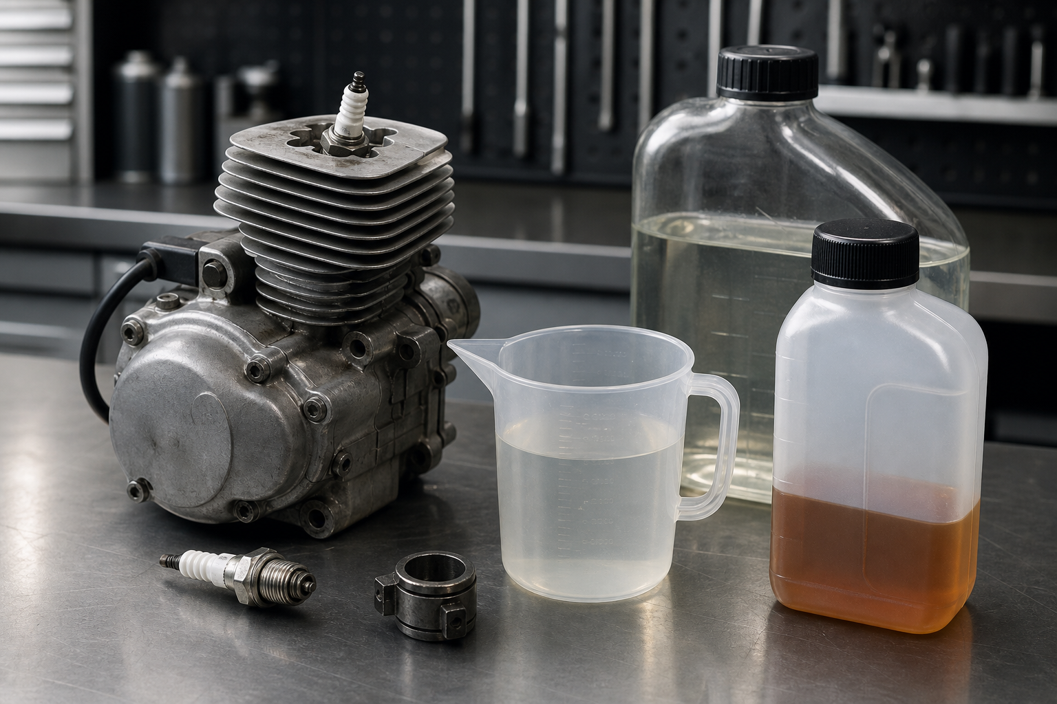 Generic two-stroke engine components and an unlabeled oil mixing container on a workshop bench.