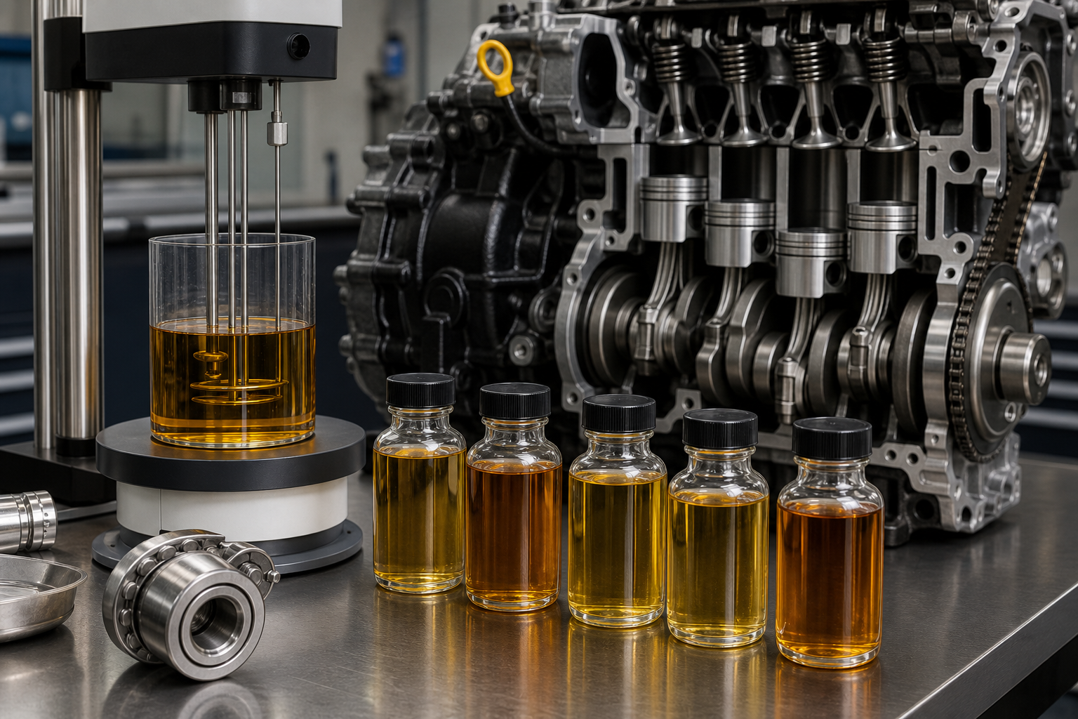 Unbranded engine-oil samples and viscosity-testing equipment beside a modern gasoline-engine cutaway.