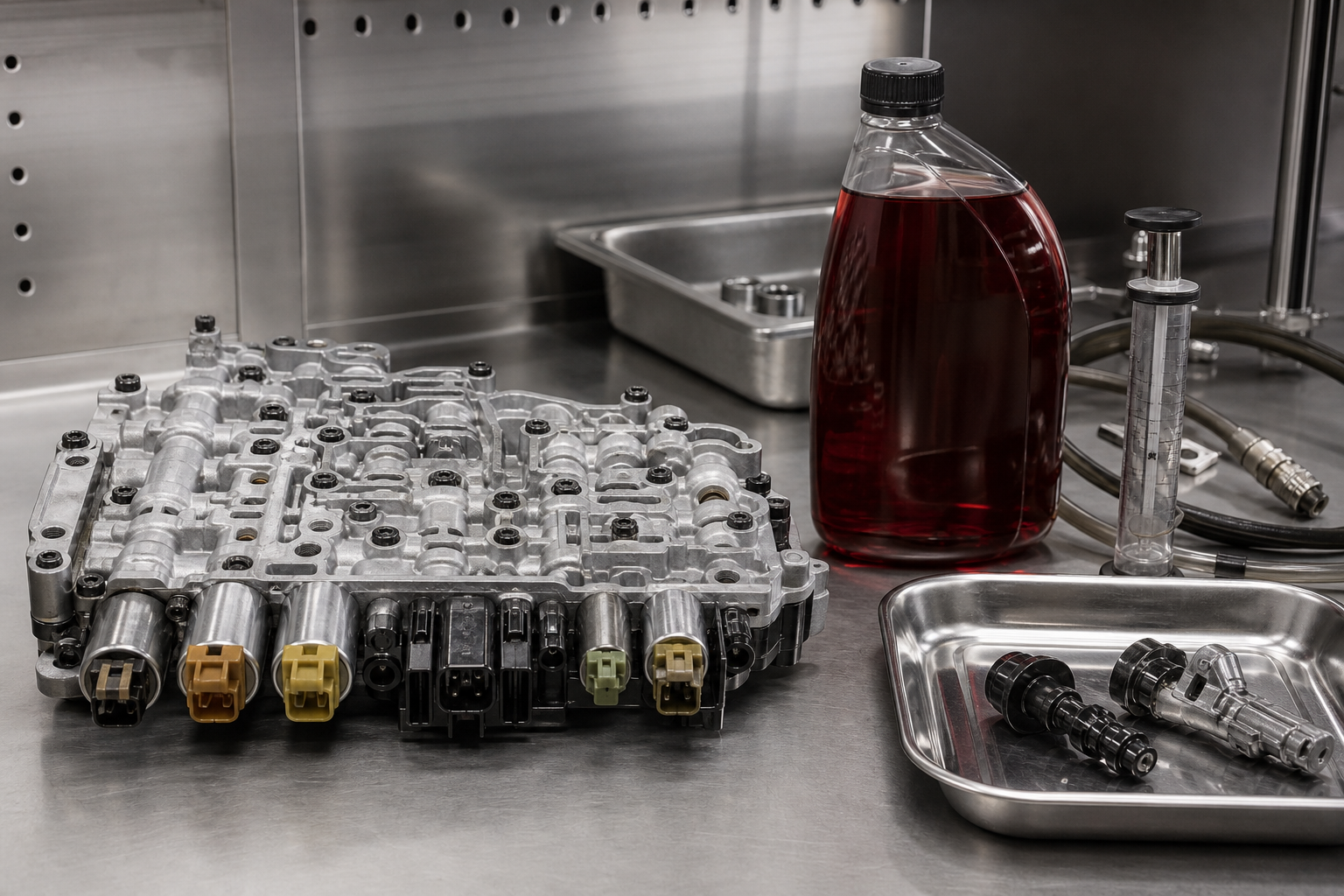 Modern automatic transmission components and unbranded fluid service equipment on a workbench.