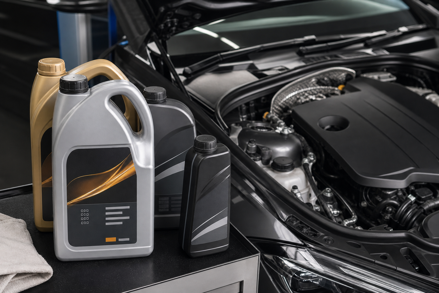 Unbranded engine-oil containers beside a modern passenger-car engine bay for an article about Mercedes-Benz oil approvals.