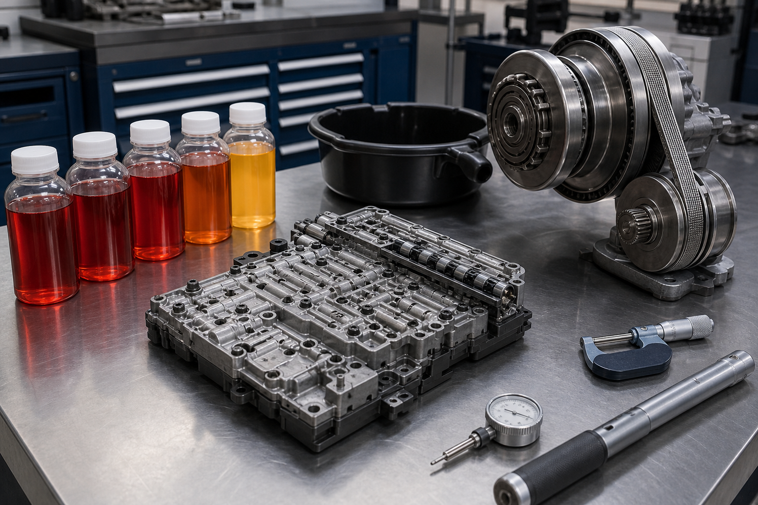 Unbranded transmission-fluid containers beside automatic and CVT transmission components on a clean workshop bench.