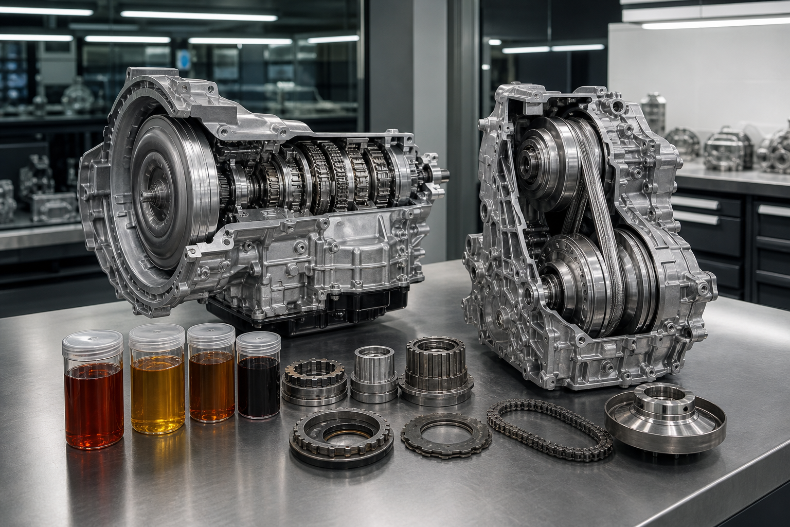 Conventional automatic transmission components and a belt-type CVT shown side by side on a workshop bench.