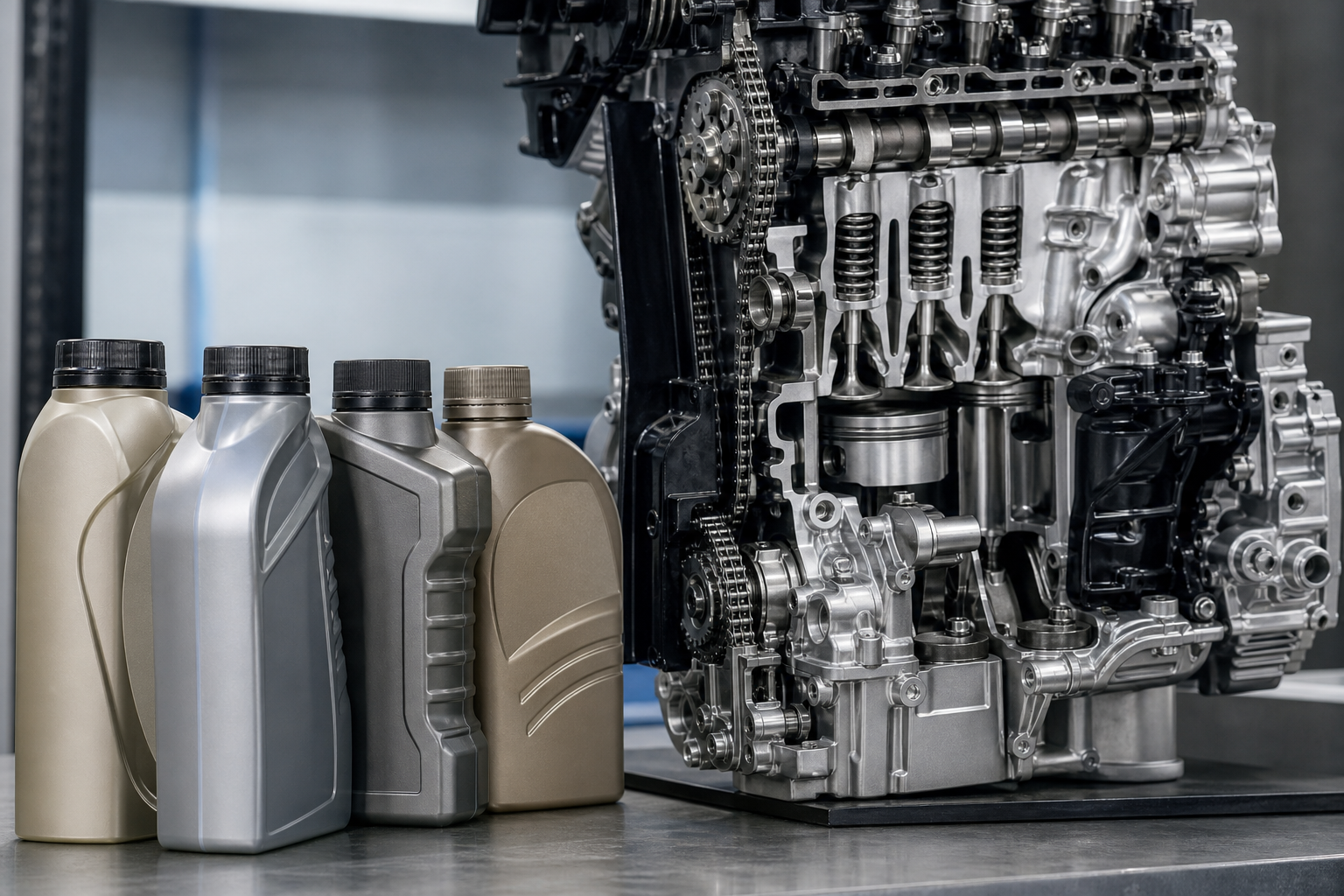 Unbranded engine-oil containers beside a modern engine, illustrating manufacturer oil specifications.