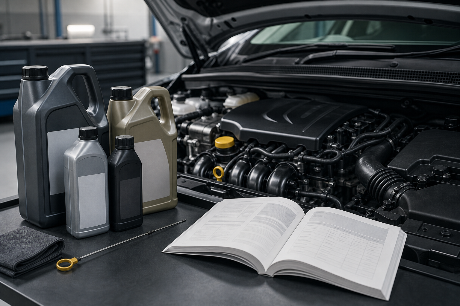 Unbranded engine-oil containers and an owner’s manual beside a modern vehicle engine.