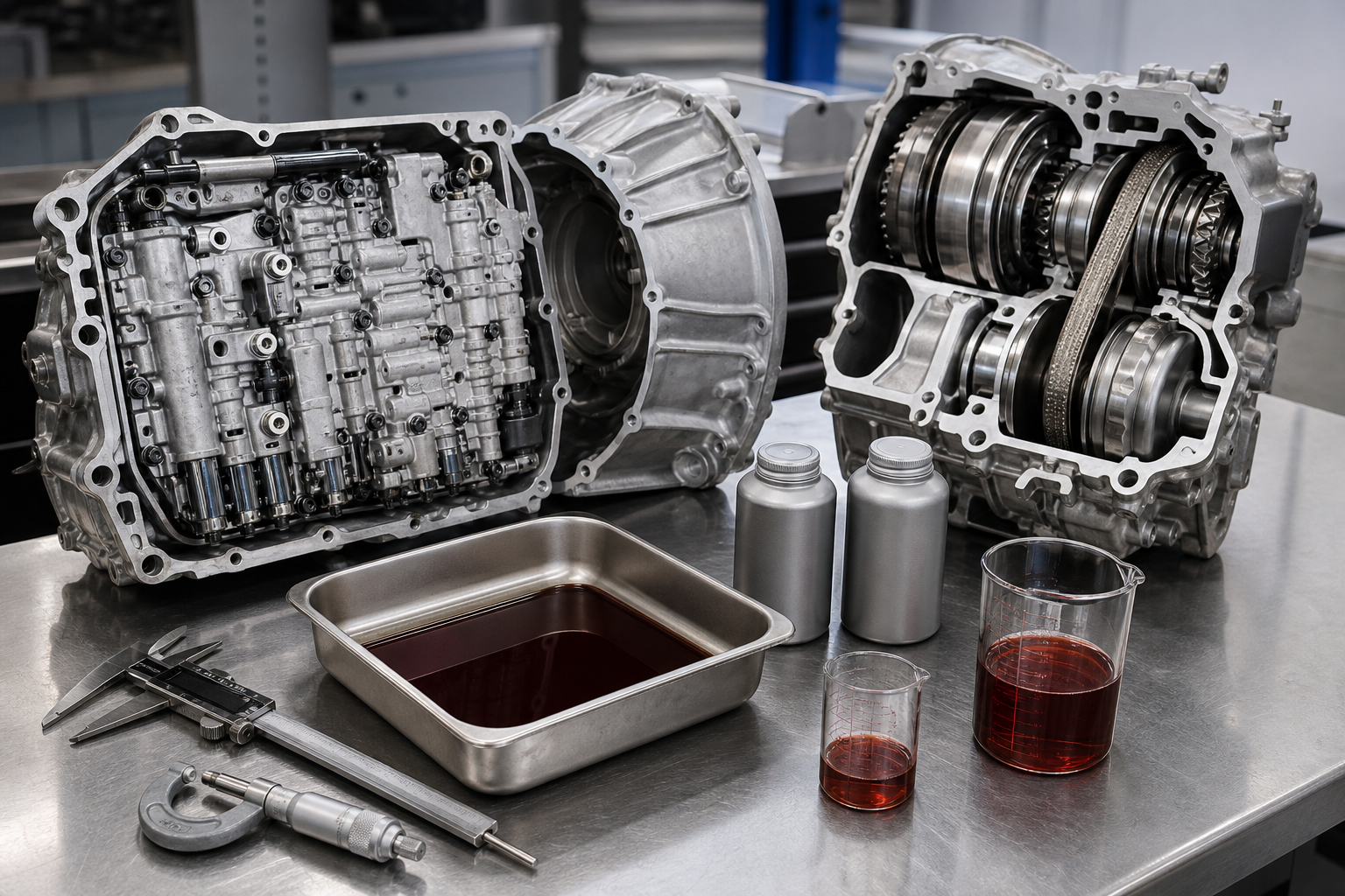 Unbranded automatic transmission and belt CVT components arranged for a technical fluid comparison.