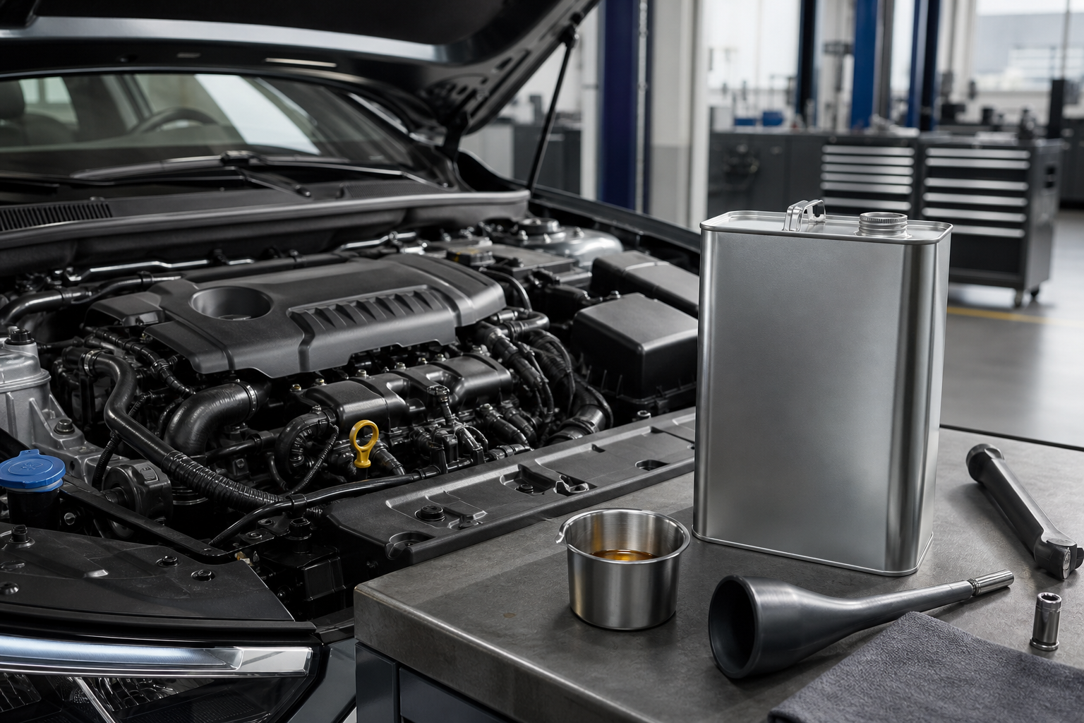 Modern four-cylinder engine bay prepared for an engine-oil service with unbranded tools and container.