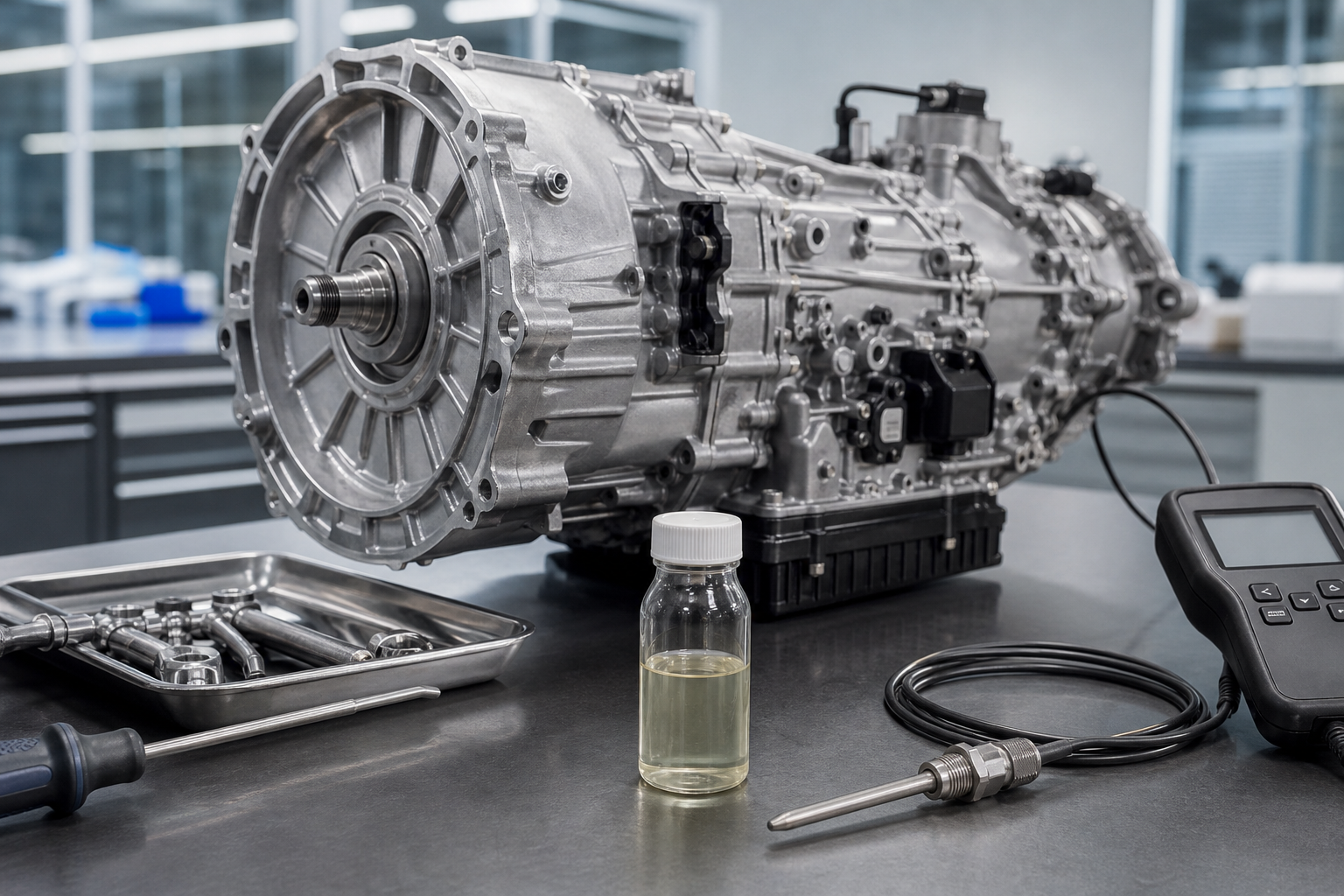 Modern automatic transmission and service tools on a clean workshop bench.